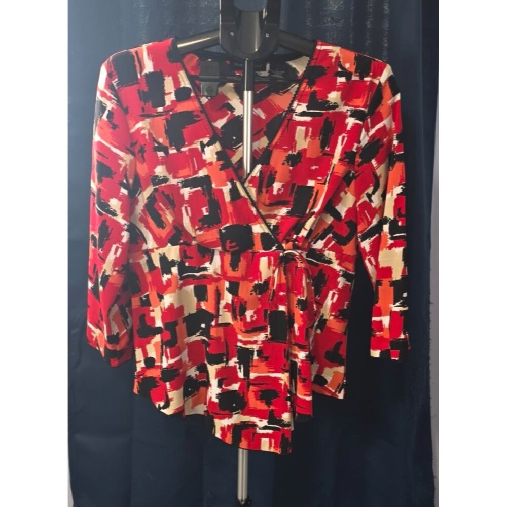 Blue Diamond Red Black Peach V-neck Faux Wrap Blouse Shirt Large L Career Casual